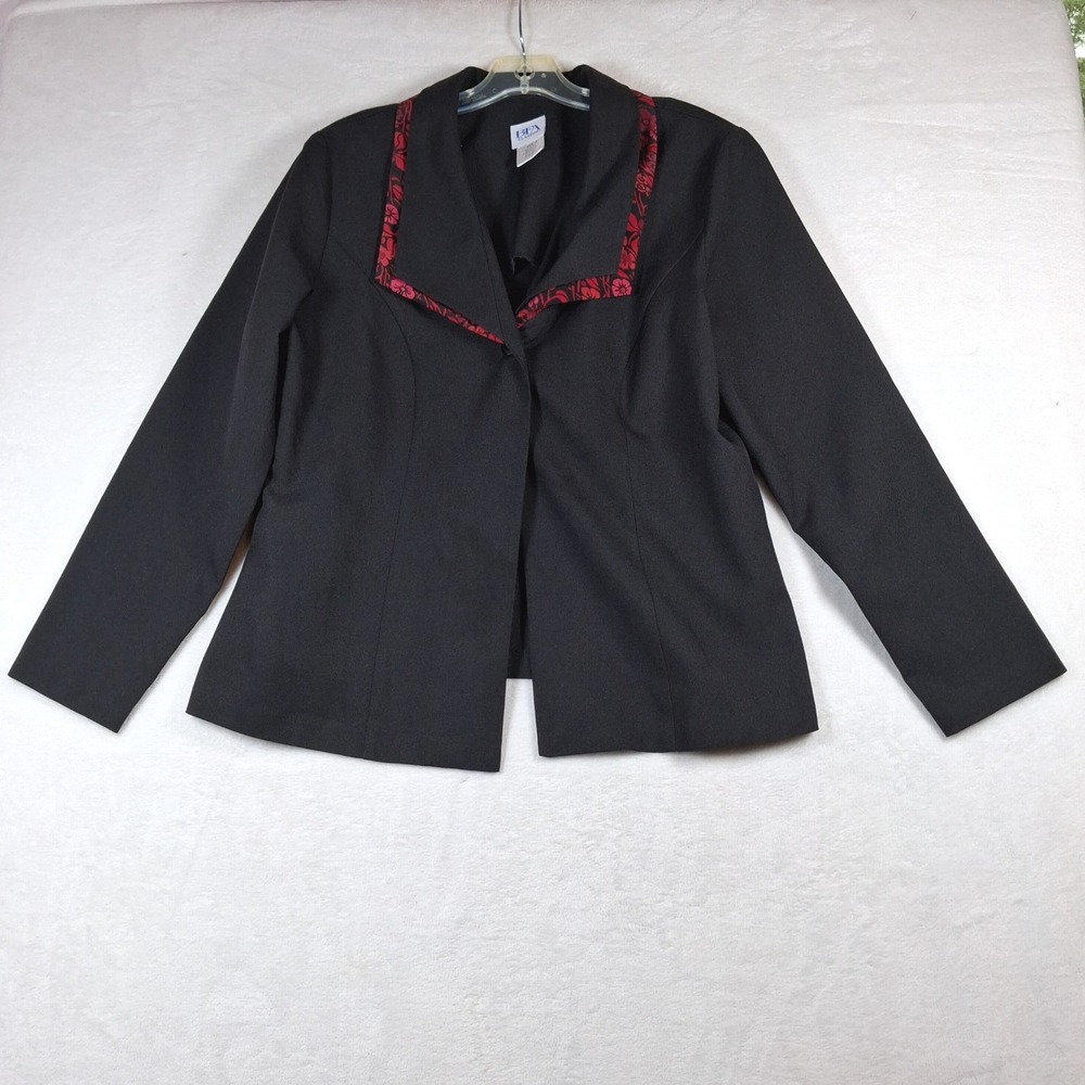 Vtg BFA Classics Womens Black Blazer Red Floral Trim One Button Jacket Size 16